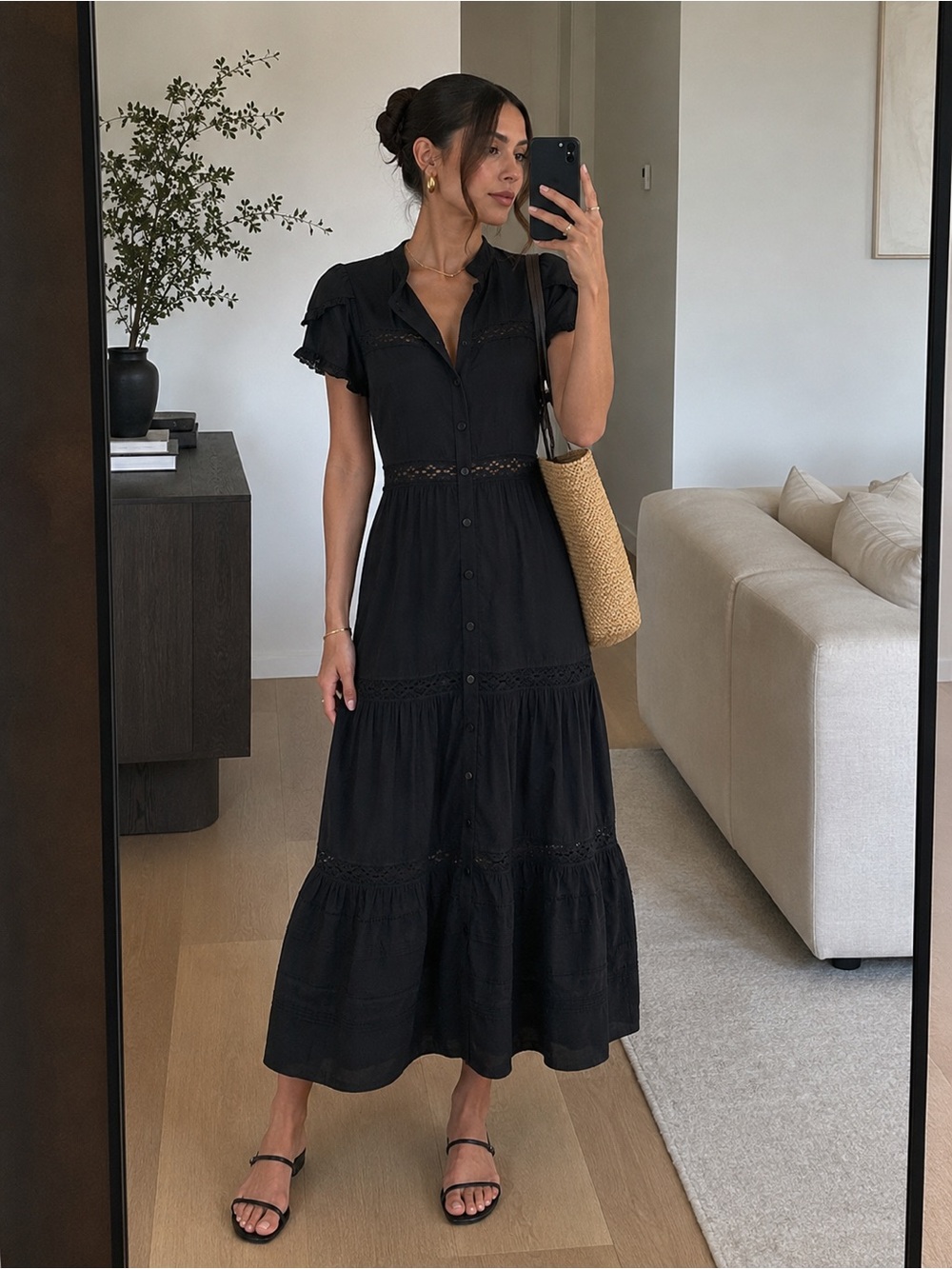 Reformation Romantic Cottagecore Lace Trim Midi Dress Black XS Blogger